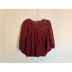 Floral Lace Red Guest Editor Anthropologie Swing top pleats 3/4 boho S XSmall